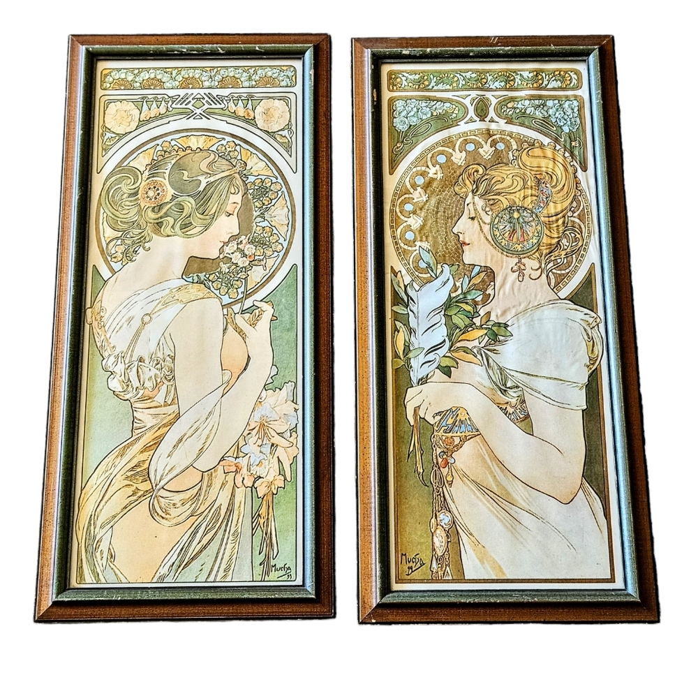 Antique Vintage Alphonse Mucha Feather Primrose Art Nouveau Prints Framed 70s?